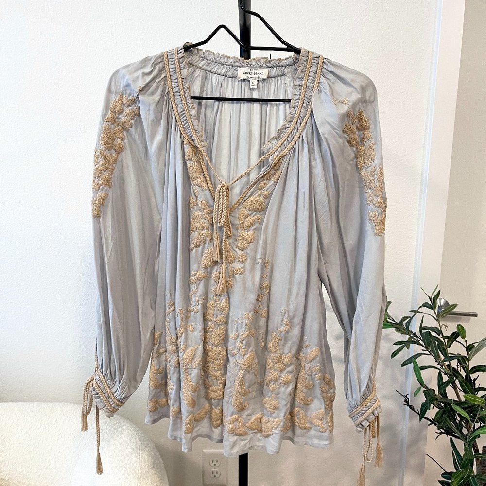 Lucky Brand Flowy Boho Blouse with Embroidery and Tassles Blue | S